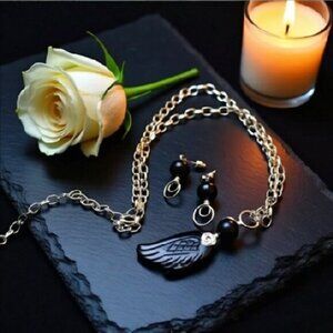 Handmade! Black Onyx Wing Necklace & Earring Set | Stress Grief Loss Bereavement